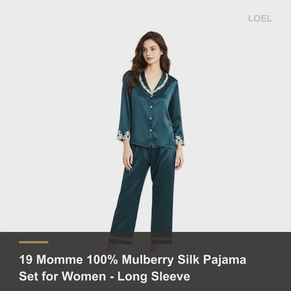 19 Momme 100% Mulberry Silk Pajama Set for Women - Long Sleeve Lace-Trim Cool-Touch Loungewear - product video