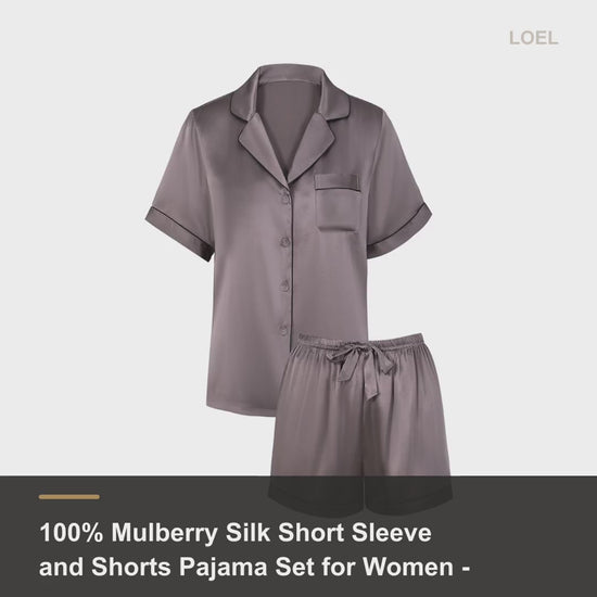 100% Mulberry Silk Short Sleeve and Shorts Pajama Set for Women - Lightweight Summer Sleepwear - product video