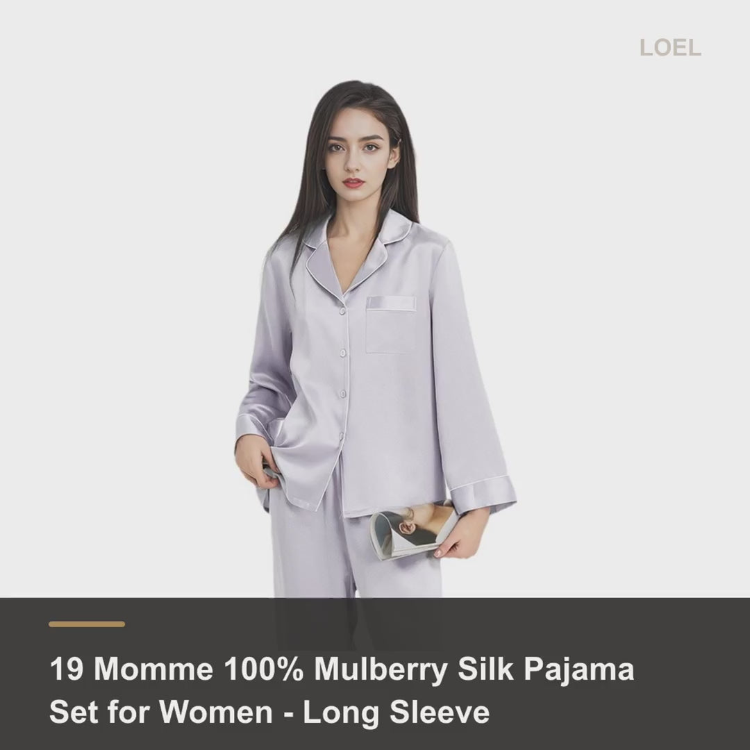 19 Momme 100% Mulberry Silk Pajama Set for Women - Long Sleeve Spring-Autumn Loungewear - product video
