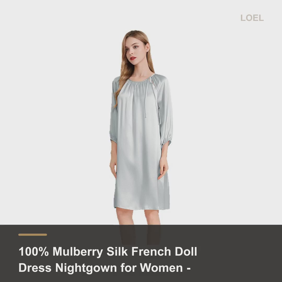 100% Mulberry Silk French Doll Dress Nightgown for Women - Loose-Fit Sleep Dress - product video