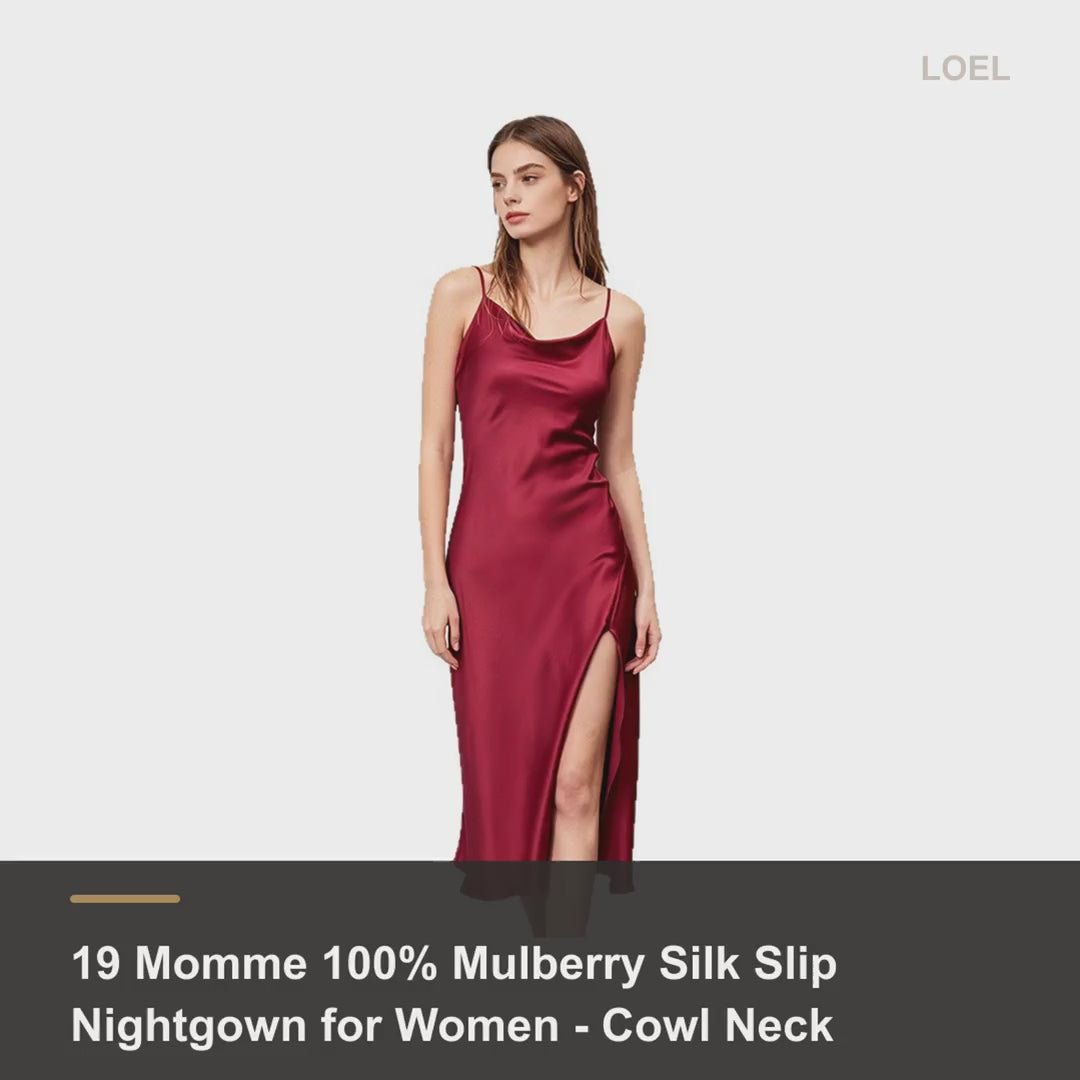 19 Momme 100% Mulberry Silk Slip Nightgown for Women - Cowl Neck with Side Slit - product video