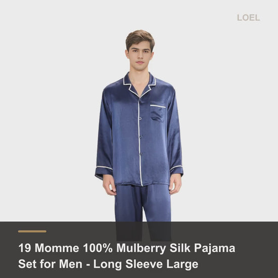 19 Momme 100% Mulberry Silk Pajama Set for Men - Long Sleeve Large Size Loungewear - product video