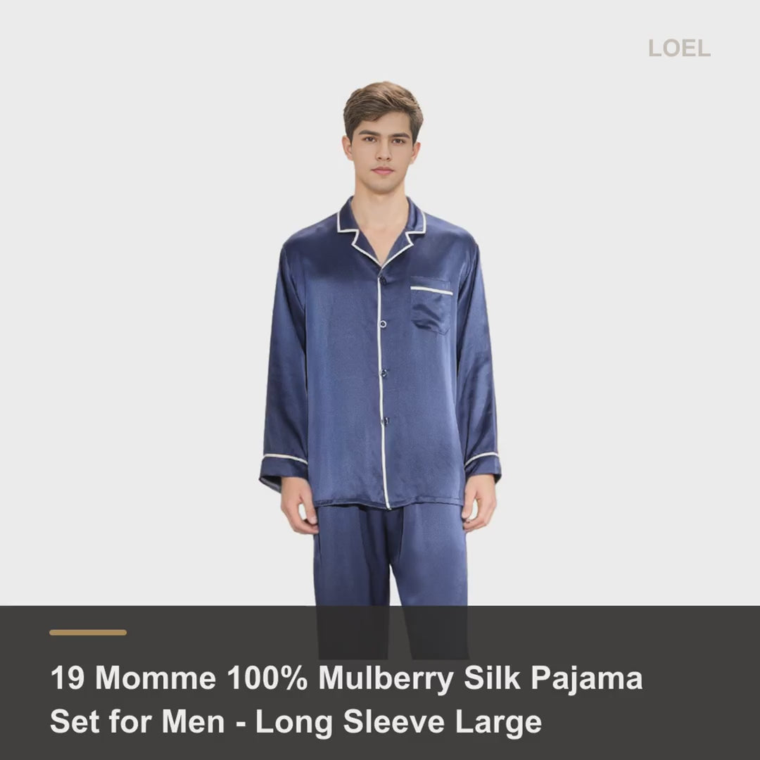 19 Momme 100% Mulberry Silk Pajama Set for Men - Long Sleeve Large Size Loungewear - product video