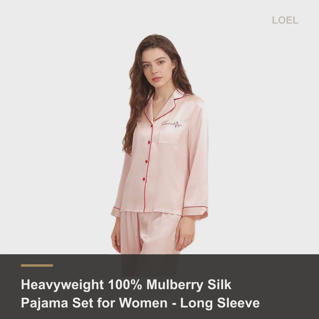 Heavyweight 100% Mulberry Silk Pajama Set for Women - Long Sleeve Loungewear - product video