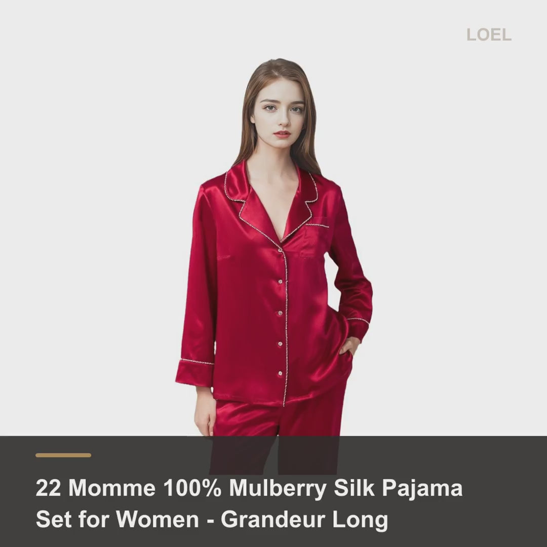 22 Momme 100% Mulberry Silk Pajama Set for Women - Grandeur Long Sleeve Two-Piece - product video