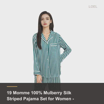 19 Momme 100% Mulberry Silk Striped Pajama Set for Women - Long Sleeve Loungewear - product video