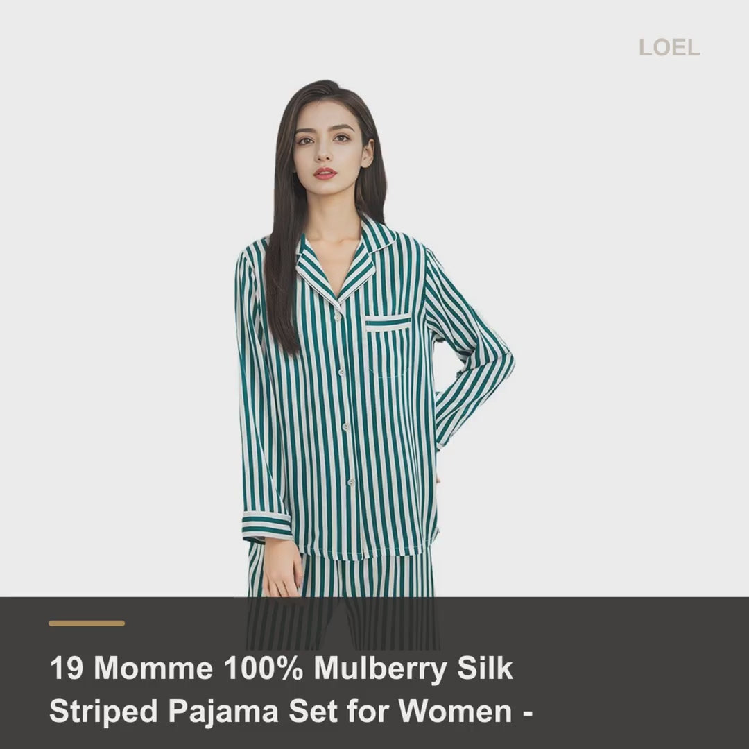 19 Momme 100% Mulberry Silk Striped Pajama Set for Women - Long Sleeve Loungewear - product video