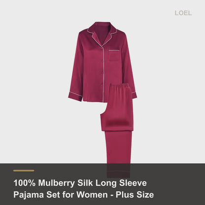 100% Mulberry Silk Long Sleeve Pajama Set for Women - Plus Size Lightweight Sleepwear - product video