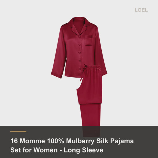 16 Momme 100% Mulberry Silk Pajama Set for Women - Long Sleeve Two-Piece Sleepwear - product video