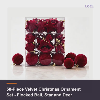58-Piece Velvet Christmas Ornament Set - Flocked Ball, Star and Deer Decorations for the Tree - product video