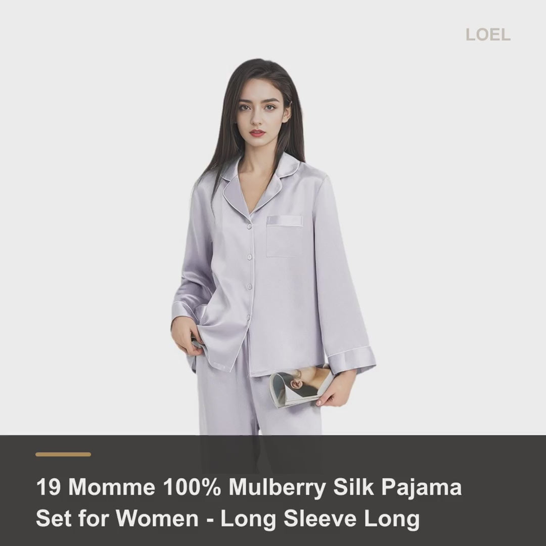 19 Momme 100% Mulberry Silk Pajama Set for Women - Long Sleeve Long Pants Loungewear - product video