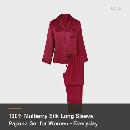 100% Mulberry Silk Long Sleeve Pajama Set for Women - Everyday Two-Piece Sleepwear - product video