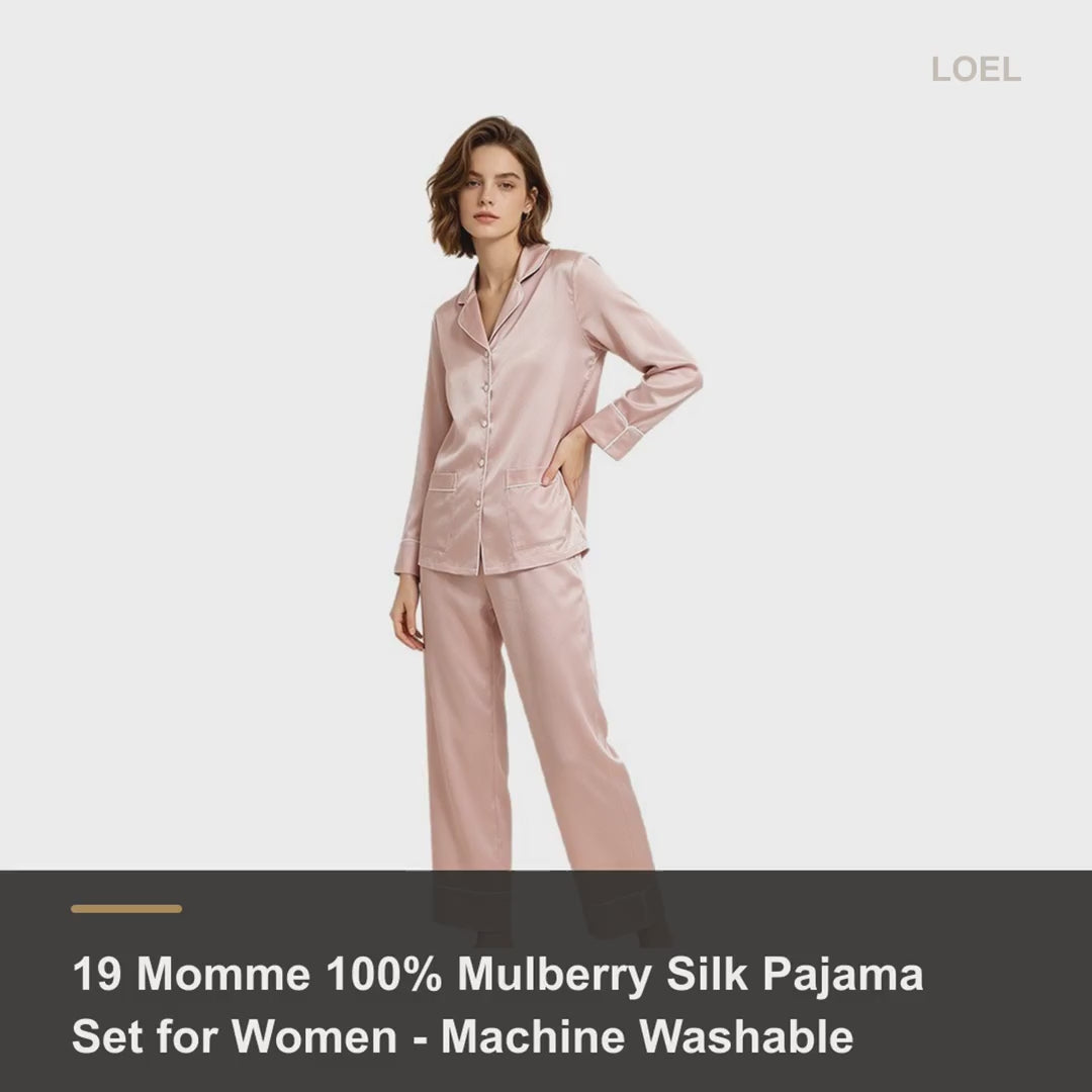 19 Momme 100% Mulberry Silk Pajama Set for Women - Machine Washable Long Sleeve Loungewear - product video