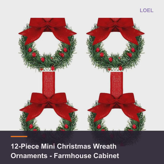12-Piece Mini Christmas Wreath Ornaments - Farmhouse Cabinet Wreaths with Bows - product video