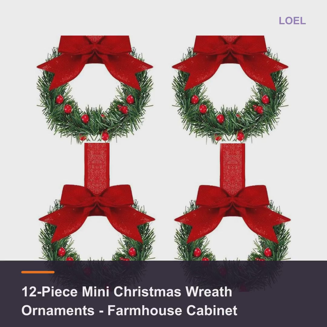 12-Piece Mini Christmas Wreath Ornaments - Farmhouse Cabinet Wreaths with Bows - product video