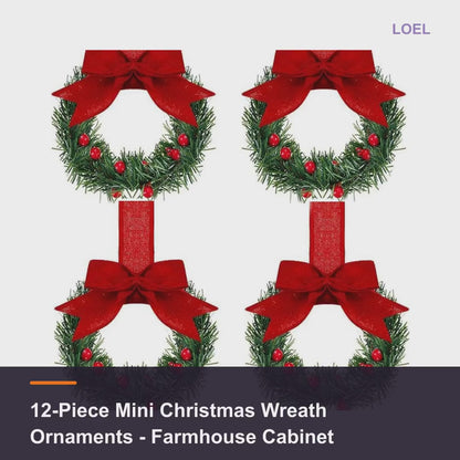 12-Piece Mini Christmas Wreath Ornaments - Farmhouse Cabinet Wreaths with Bows - product video