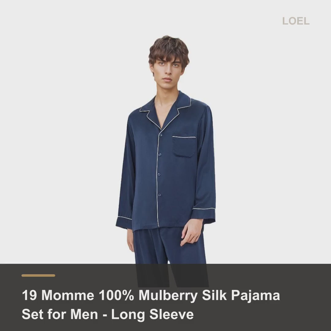 19 Momme 100% Mulberry Silk Pajama Set for Men - Long Sleeve Two-Piece Sleepwear, Sizes L-XXXL - product video