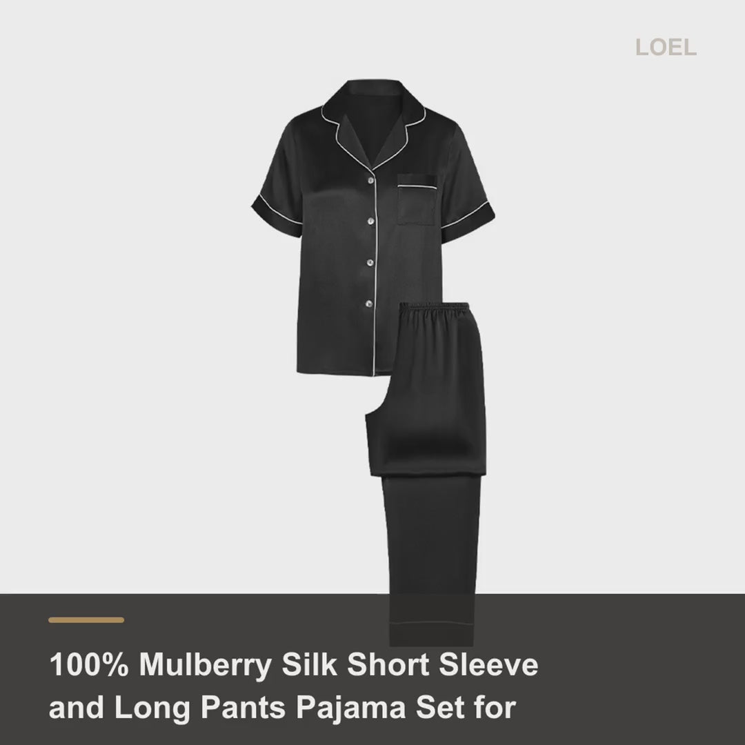 100% Mulberry Silk Short Sleeve and Long Pants Pajama Set for Women - Lightweight Summer Sleepwear - product video