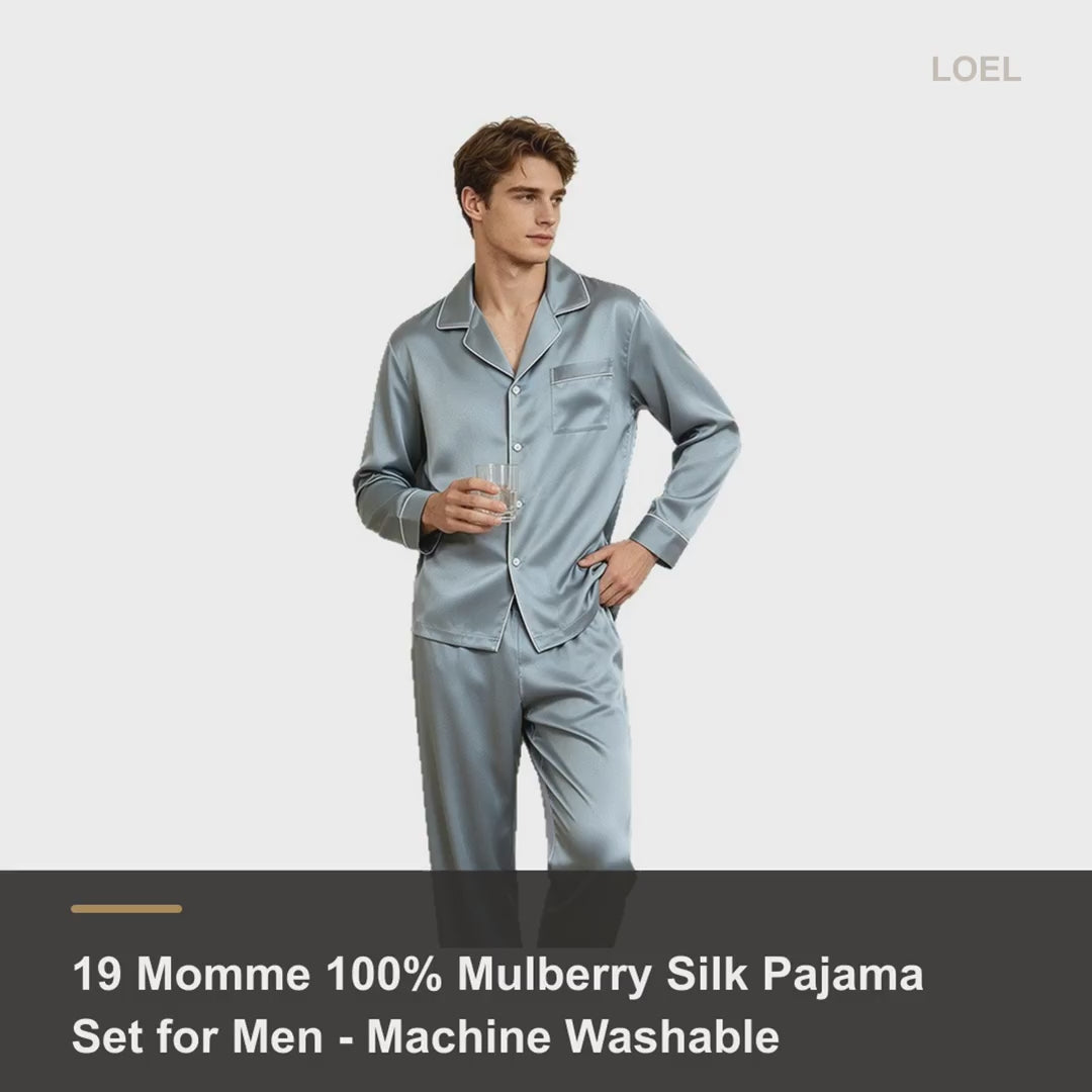 19 Momme 100% Mulberry Silk Pajama Set for Men - Machine Washable Long Sleeve Loungewear - product video