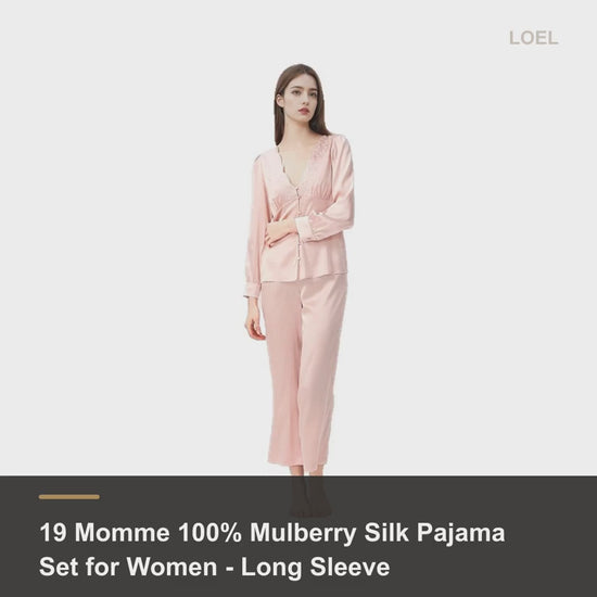 19 Momme 100% Mulberry Silk Pajama Set for Women - Long Sleeve Two-Piece, Sizes S-L - product video