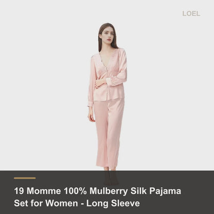 19 Momme 100% Mulberry Silk Pajama Set for Women - Long Sleeve Two-Piece, Sizes S-L - product video