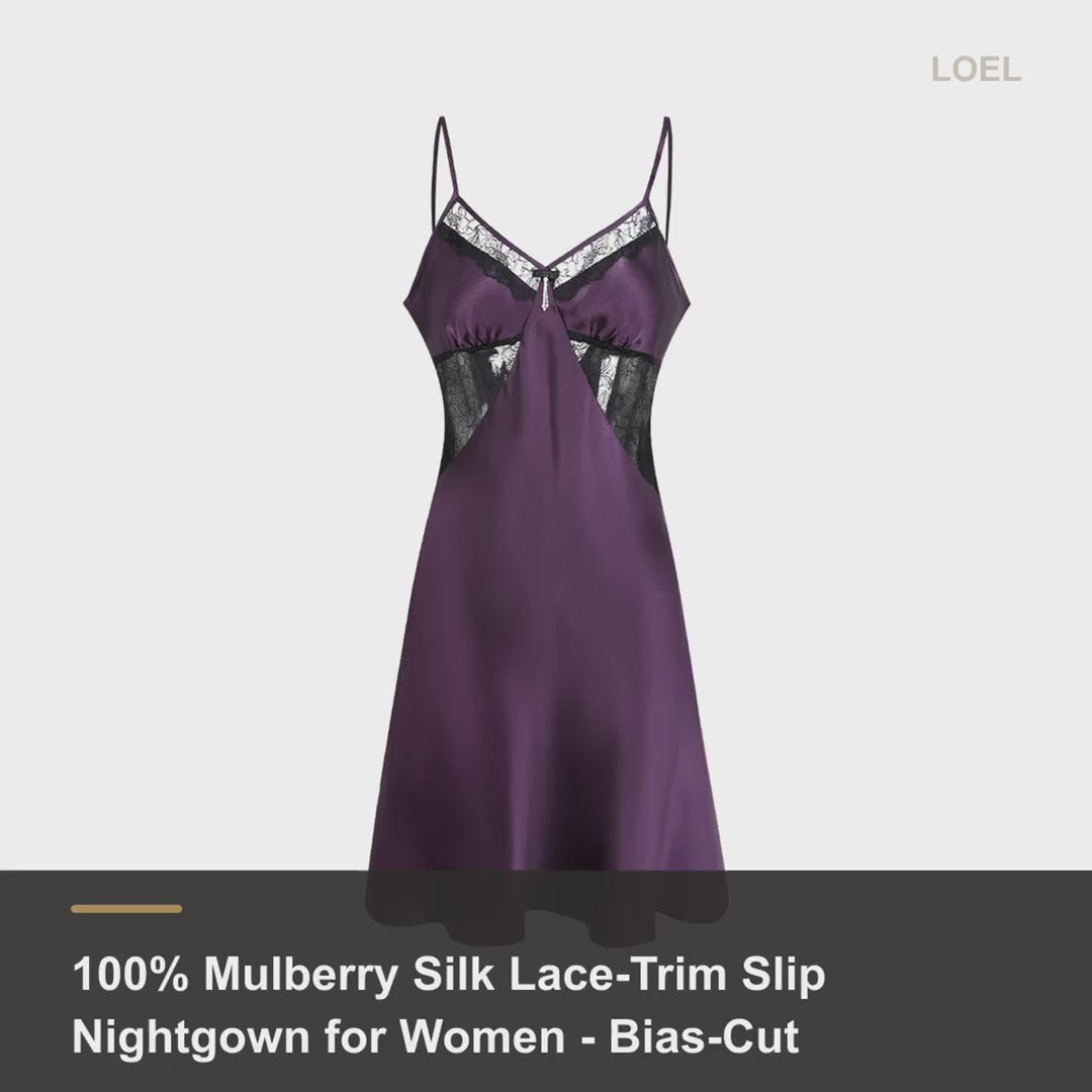 100% Mulberry Silk Lace-Trim Slip Nightgown for Women - Bias-Cut Mini Slip - product video