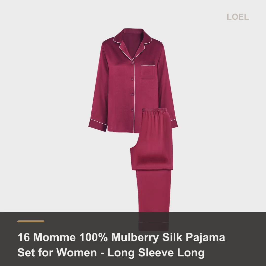 16 Momme 100% Mulberry Silk Pajama Set for Women - Long Sleeve Long Pants, Extended Sizes - product video
