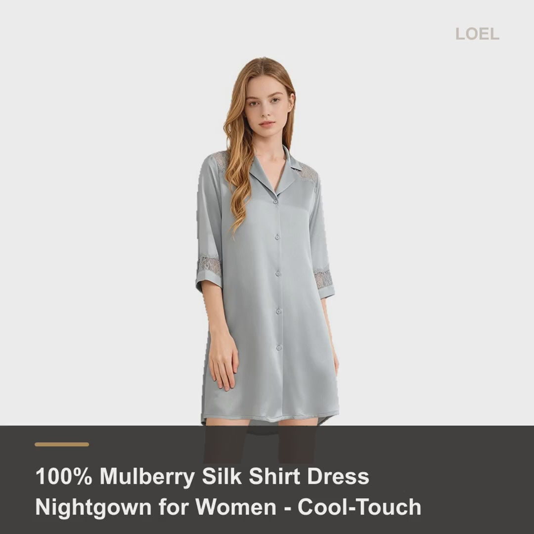 100% Mulberry Silk Shirt Dress Nightgown for Women - Cool-Touch Midi Sleep Dress - product video