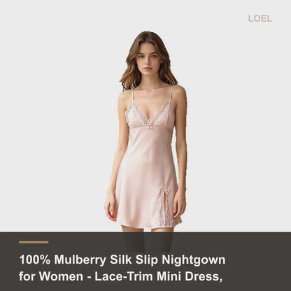 100% Mulberry Silk Slip Nightgown for Women - Lace-Trim Mini Dress, Sizes M to 4XL - product video