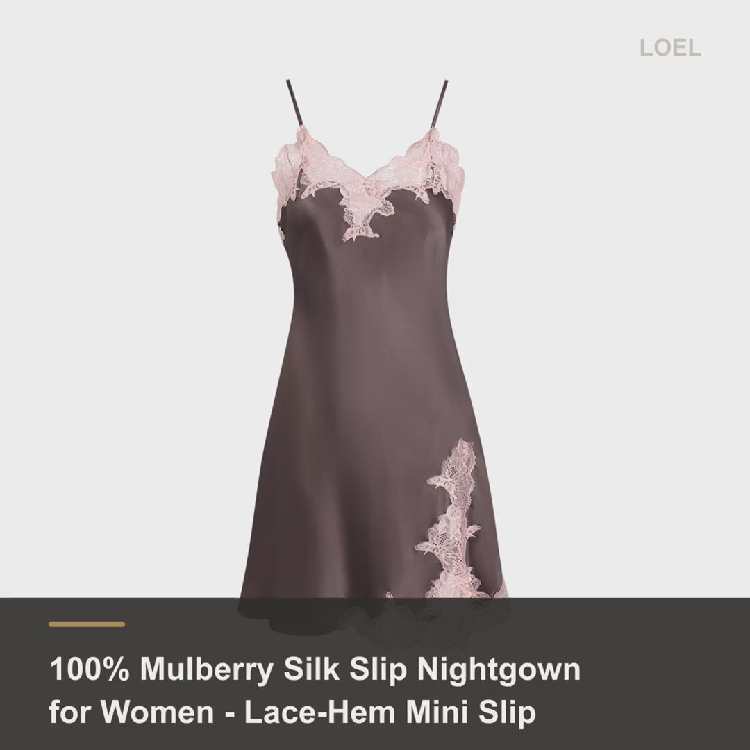 100% Mulberry Silk Slip Nightgown for Women - Lace-Hem Mini Slip with Side Slit, M to 4XL - product video