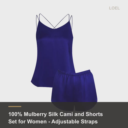100% Mulberry Silk Cami and Shorts Set for Women - Adjustable Straps Summer Sleepwear - product video