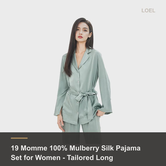 19 Momme 100% Mulberry Silk Pajama Set for Women - Tailored Long Sleeve Loungewear - product video