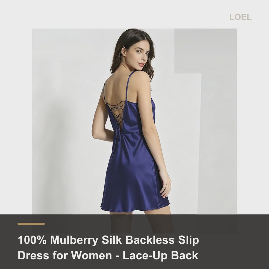 100% Mulberry Silk Backless Slip Dress for Women - Lace-Up Back Mini Nightgown - product video