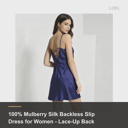 100% Mulberry Silk Backless Slip Dress for Women - Lace-Up Back Mini Nightgown - product video