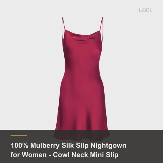 100% Mulberry Silk Slip Nightgown for Women - Cowl Neck Mini Slip Dress - product video