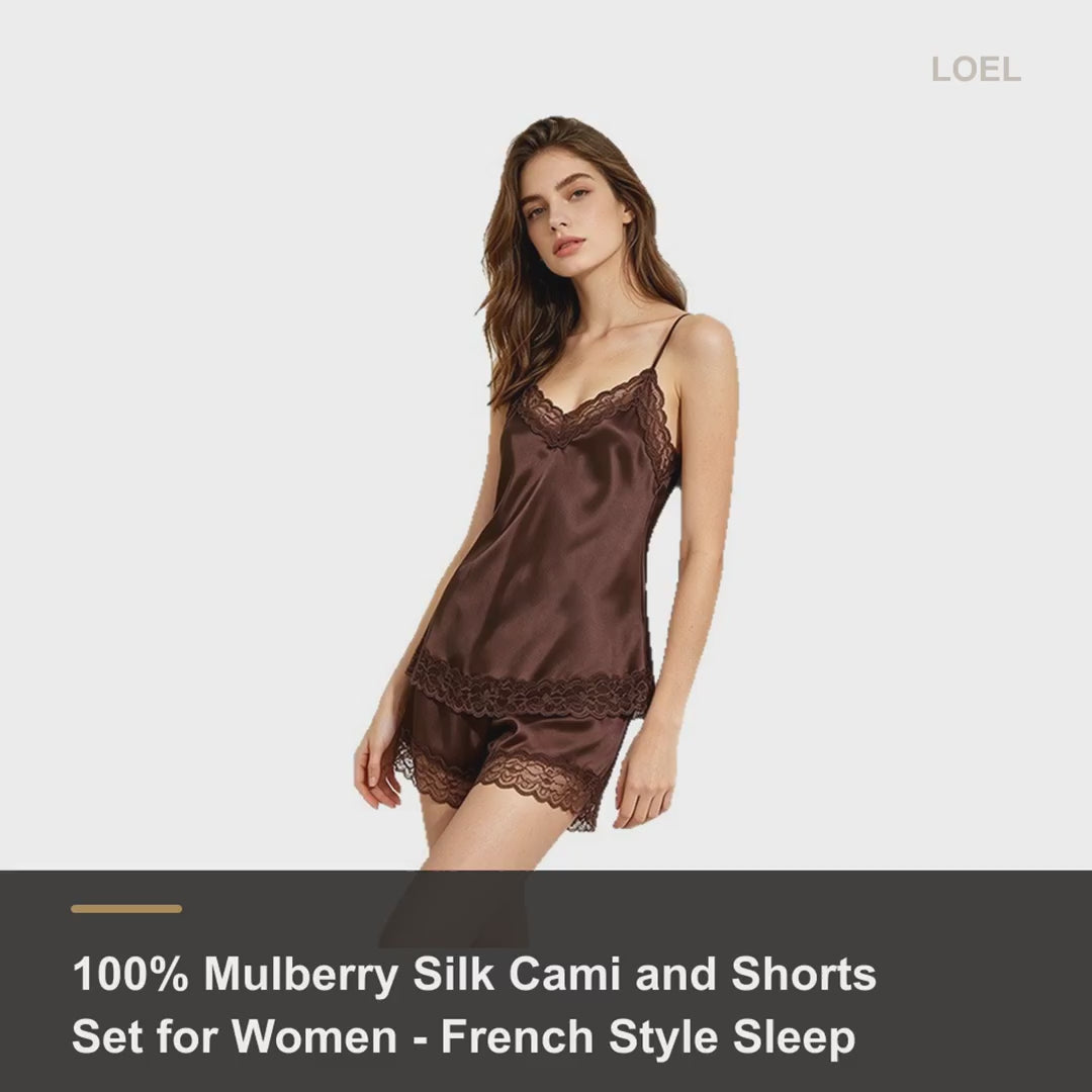 100% Mulberry Silk Cami and Shorts Set for Women - French Style Sleep Set - product video