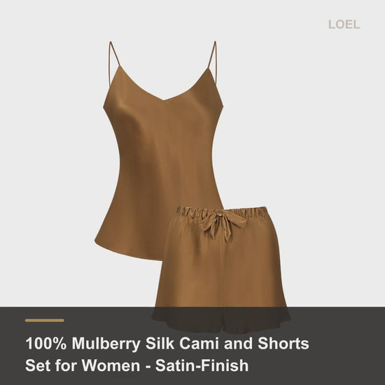 100% Mulberry Silk Cami and Shorts Set for Women - Satin-Finish Summer Sleepwear - product video