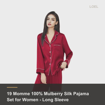 19 Momme 100% Mulberry Silk Pajama Set for Women - Long Sleeve Minimalist Loungewear - product video