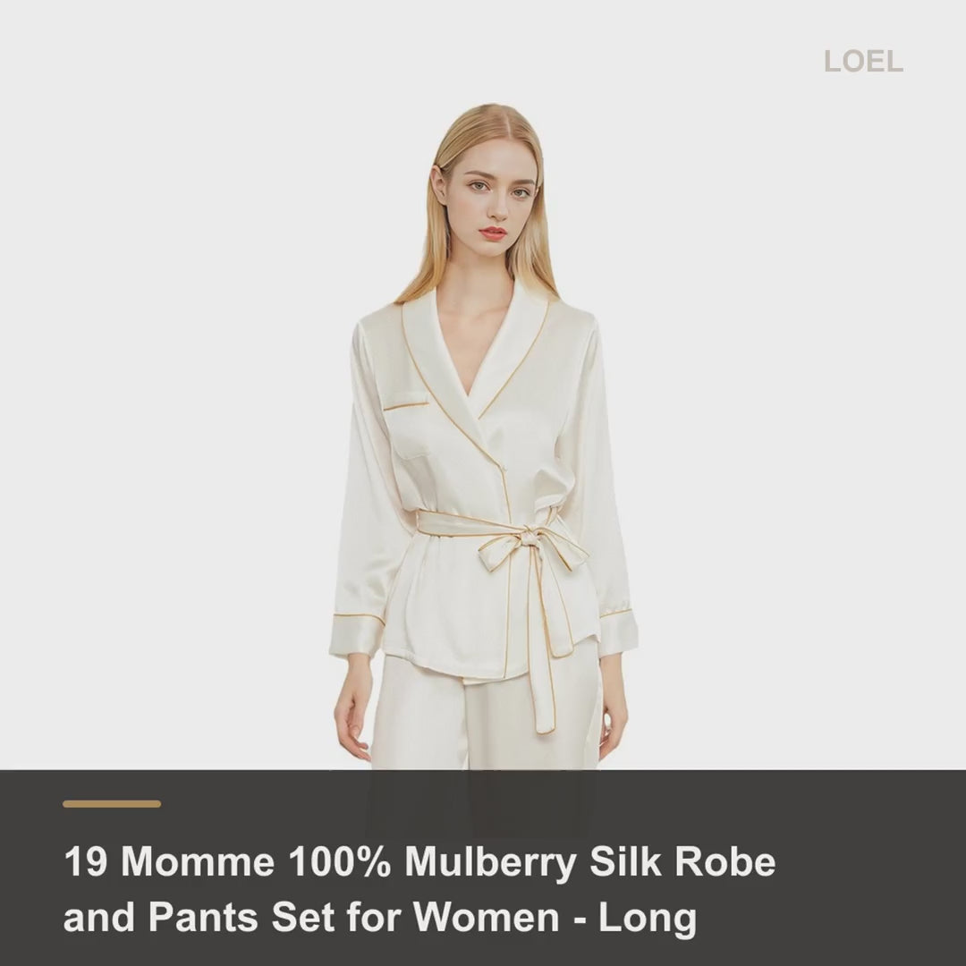 19 Momme 100% Mulberry Silk Robe and Pants Set for Women - Long Sleeve Wrap Loungewear - product video