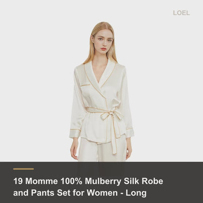 19 Momme 100% Mulberry Silk Robe and Pants Set for Women - Long Sleeve Wrap Loungewear - product video