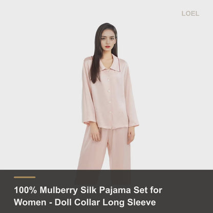 100% Mulberry Silk Pajama Set for Women - Doll Collar Long Sleeve Sleepwear - product video