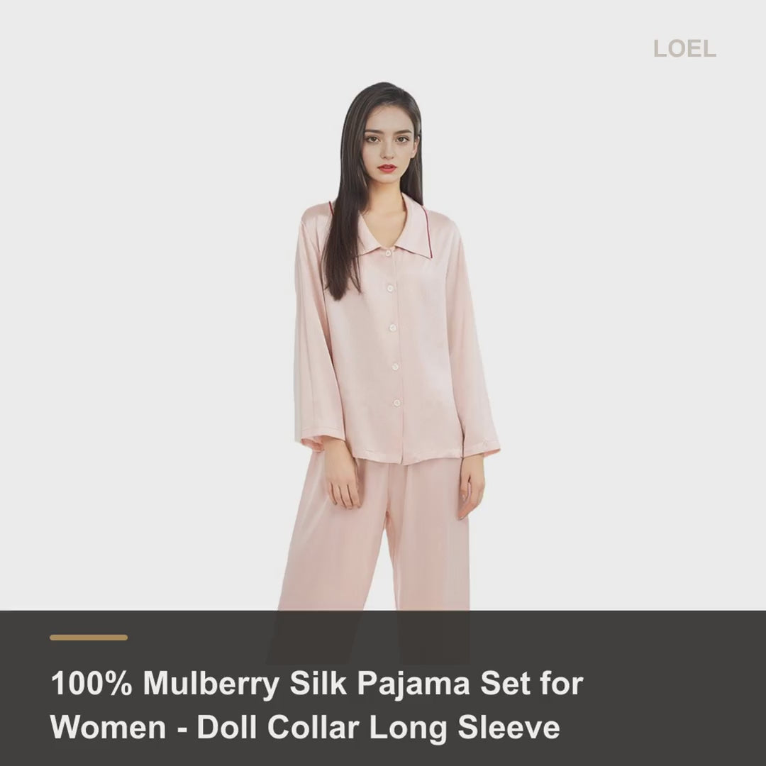 100% Mulberry Silk Pajama Set for Women - Doll Collar Long Sleeve Sleepwear - product video