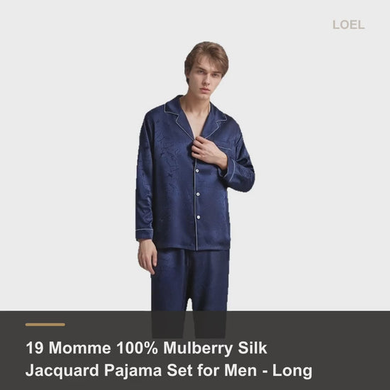 19 Momme 100% Mulberry Silk Jacquard Pajama Set for Men - Long Sleeve Loungewear - product video
