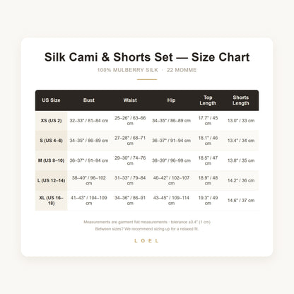 US size chart for LOEL 22 momme mulberry silk cami and shorts pajama set, sizes XS to XL in inches and centimeters